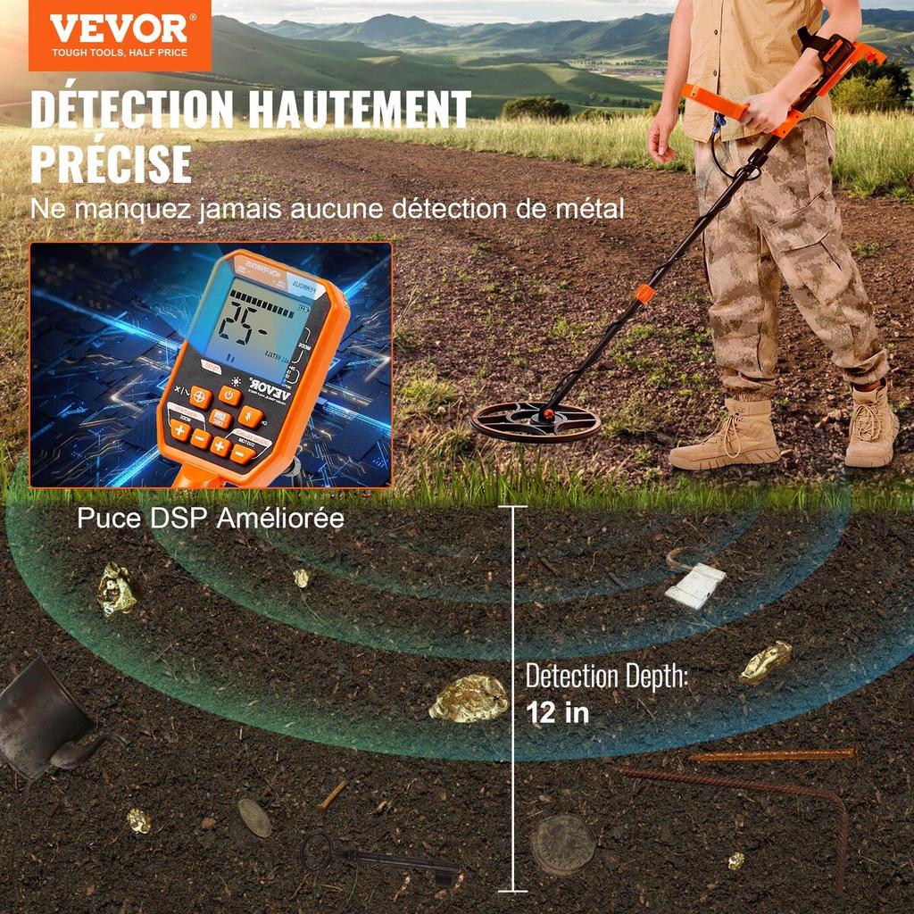 Waterproof Metal Detector, 12" Coil, Professional Rechargeable Gold Detector, 39-50 in Adjustable with LCD 7 Modes Advanced DSP Chip Bluetooth