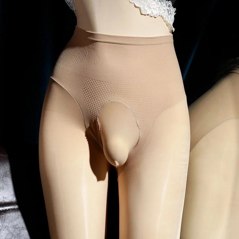 Sexy Herren 8D 912 Nadeln Hoher Bund Bauchkontrolle Strumpfhose U Konvexe Tasche Öl Glänzend Schimmernd Transparent Durchsichtig Strumpfhosen Strümpfe Plus JJ Close brown