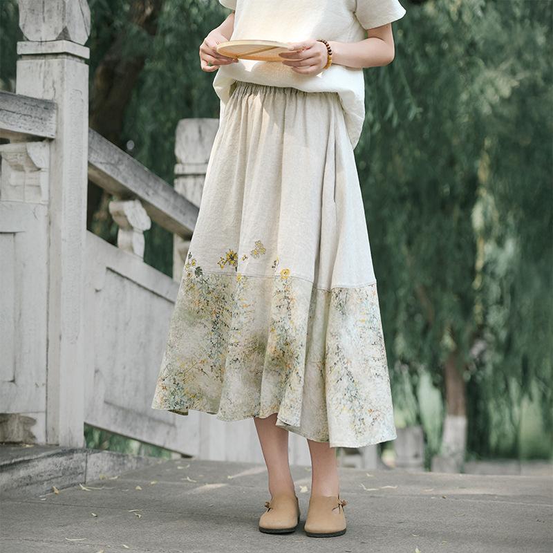 Johnature Women Vintage Print Floral Skirts Patchwork Color Cloths Summer Chinese Style High Quality Female Skirts