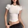 Women Round Neck Solid Ribbed High Stretch Short Sleeve Tight Fit Sexy Basic Tee Figure Flattering Casual Layering Top
