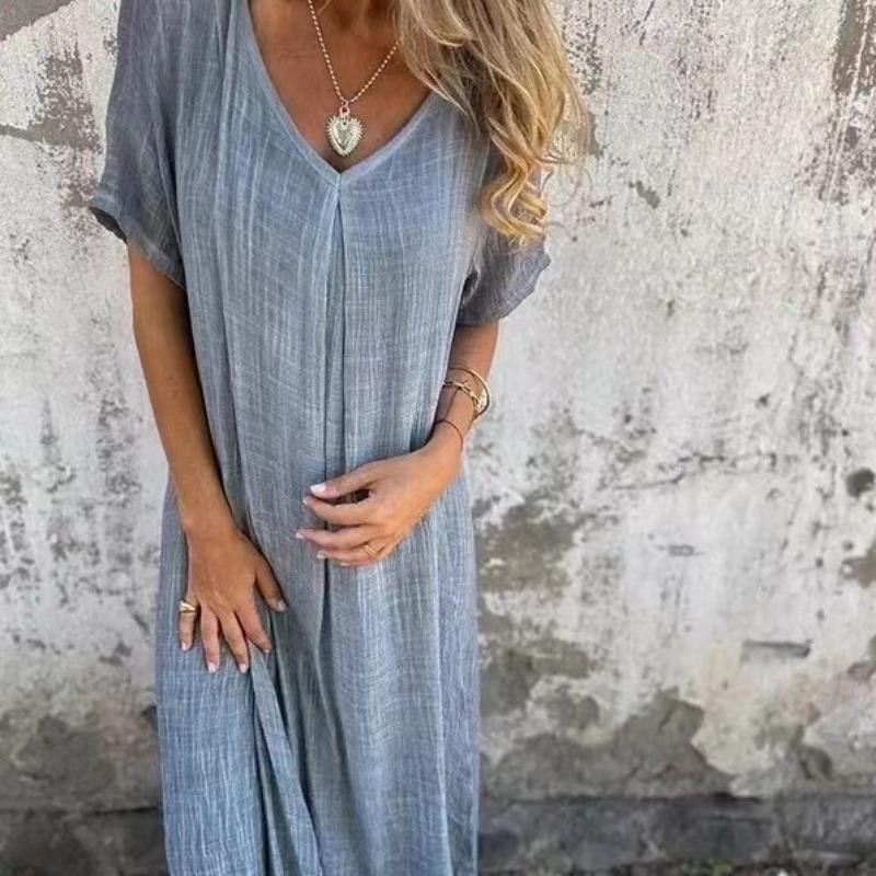 Women's Short-sleeved Cotton Linen Dress V-neck Loose Large Size Casual Vacation Street Thin Long Dresses