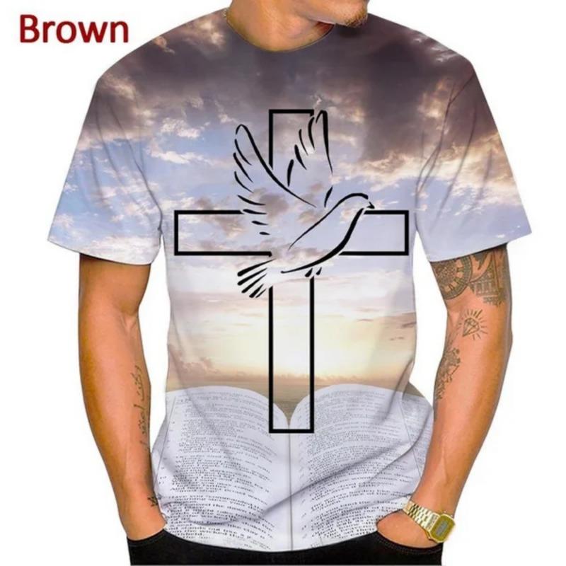 Fashion God Graphic T Shirts Summer Short Sleeve Men's Clothing Round Neck Cross 3D Printed T-Shirt Christian Jesus Mens Clothes