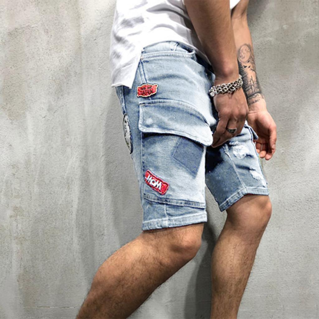 Men's Fashion Denim Shorts Personality Casual Hole Embroidery Pattern Trend Stretch Jeans