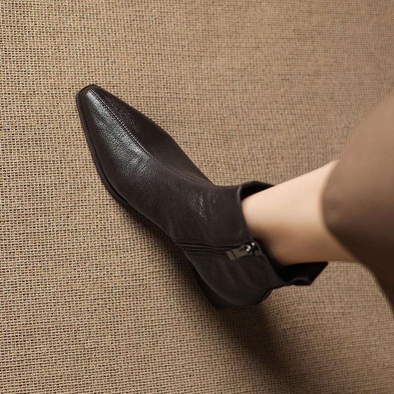 Krazing Pot Zimní kožené kozačky na středním podpatku se špičatou špičkou Chelsea pro ženy, elegantní dámské kotníkové boty na zip