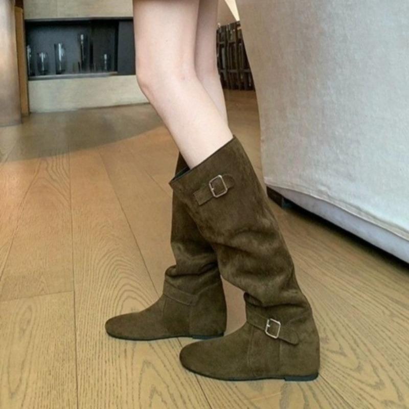 Women Mid-calf Boots High Quality Suede Casual Boot Temperament Belt Buckle Design Pants Leg Boot Non Slip Flat Boot Botas Mujer