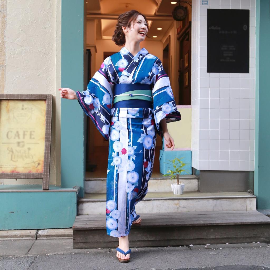 Brilliant Piece Yukata and Navy Blue with Blue Morning Set for a Love Look "Wa Nadeshiko" Women's Set, Blue-Green Glory, 3-Piece Heart-Pounding