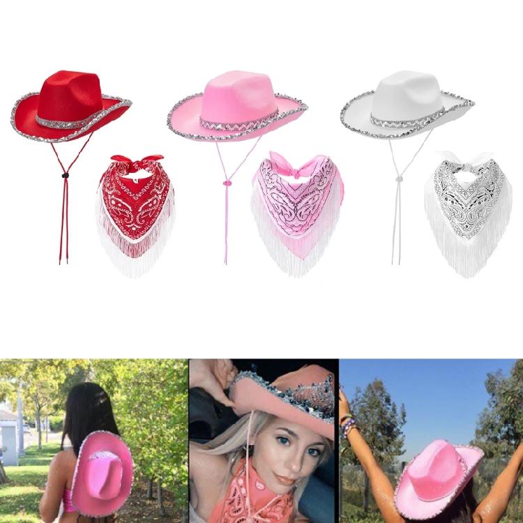 Blingbling Cowgirl Hat and Scarf Sequined Brim Hat and Tasseled Scarf