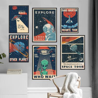 Weltraum Retro Alien Reise Landschaft Poster Film Klebeposter Retro Kraftpapier Aufkleber DIY Zimmer Bar Café Kunst Wandmalerei