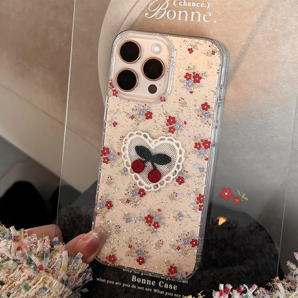 Gentle Cherry Florals Suitable for Apple 17promax Mobile Phone Case 15 Glitter Powder Iphone14 Art 11 Transparent 13