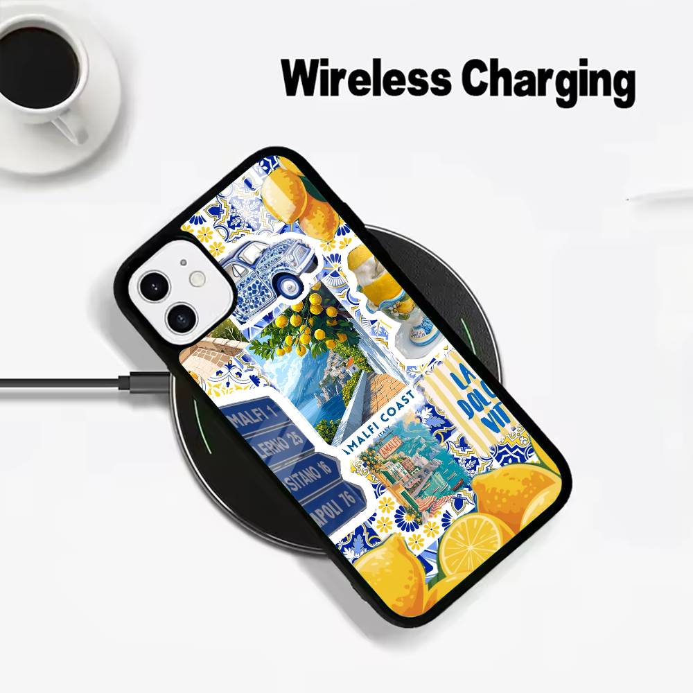 S-Seaside Scenery Wine Lemon Wireless charging phone case compatible with iPhone 17/16/15/14/13/12/11