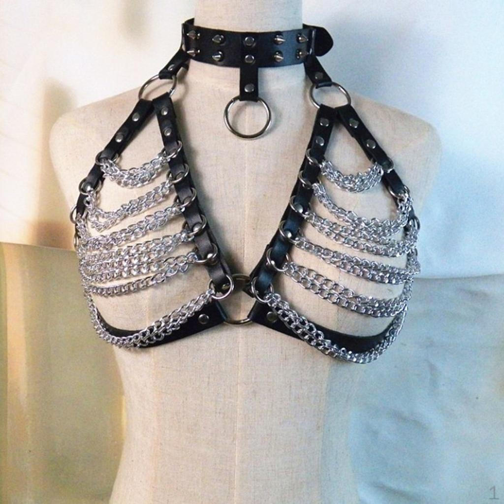 Кожаный Клеточный Бюстгальтер Топ Шлейка Пояс Костюм Black+Silver Chain