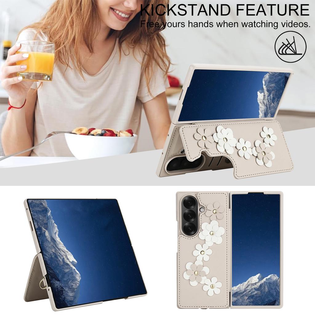For Samsung Galaxy Z Fold7 5G Case Card Slots Leather Coated TPU Flower Phone Cover with 2 Straps