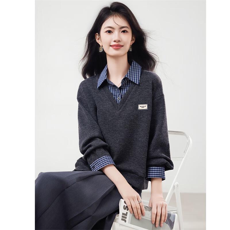 Xinfeiyu Women's Faux Two-Piece Patchwork Loose Sweatshirt