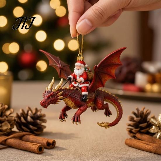 Novelty Festive Wall Decorations 2Pcs Santa Dragon Rider Christmas Ornament, 2D Acrylic Flying Handcrafted Hanging Ornaments Claus Decor, Tree