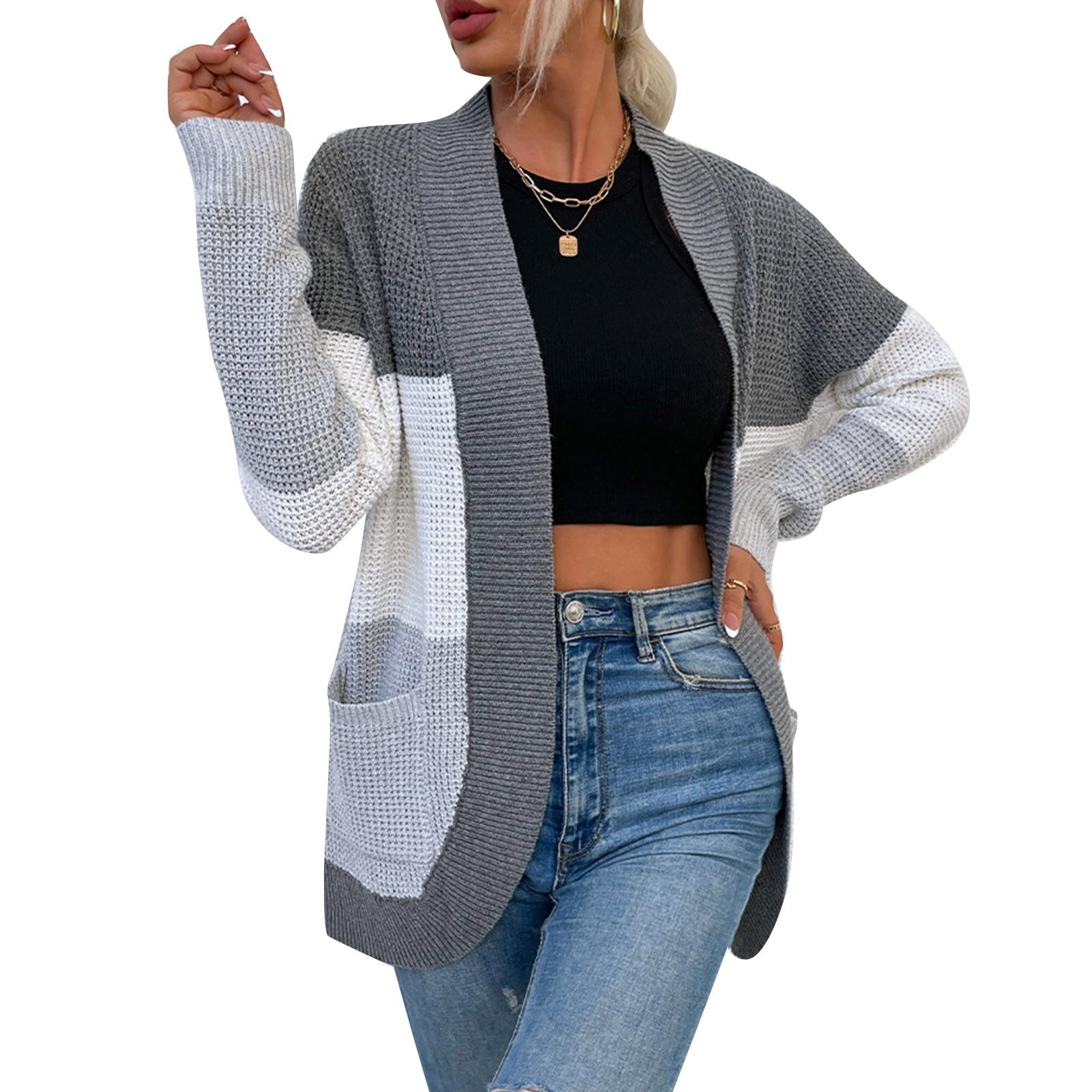 

Женский свитер с открытым передом, контрастного цвета, с длинным рукавом, стильная повседневная трикотажная верхняя одежда, пальто с L серый