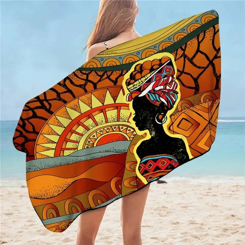 African Woman Beach Towel Bathroom Quick Dry Desert Geometric Sunblock Artworks Exotic Adult Towel for Yoga Camping Gym Hotel