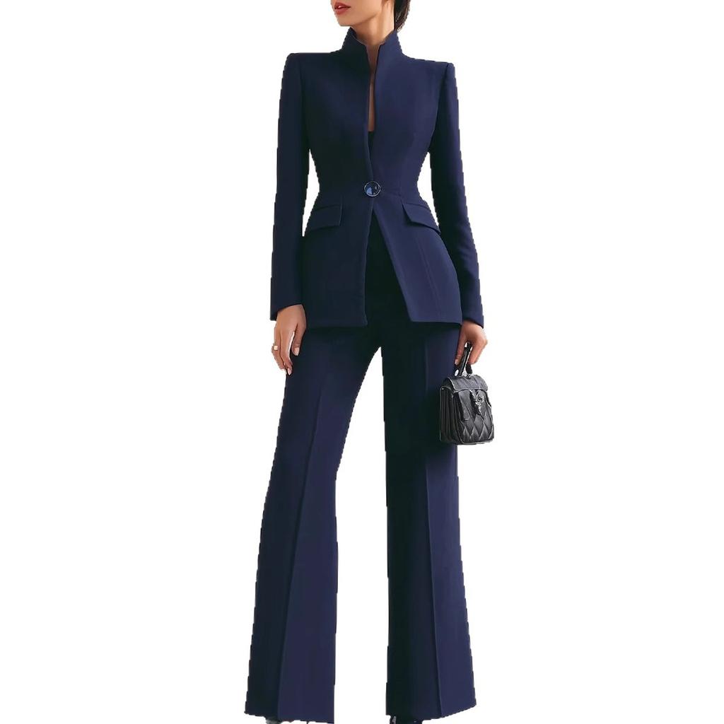 Women's Tailored Wide-Leg Pants Suit Blazer Set, Navy Blue Formal Office Wear