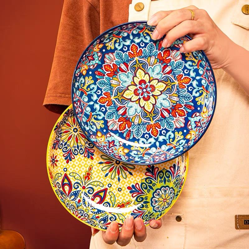 7in or 8in Bohemian Ceramic Plate High Appearance Level Home Creative Dish Plate Fruit Plate Steak Plate Deep Plate Disc Cutlery
