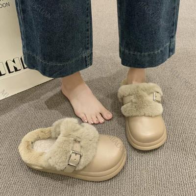 Waterproof Thick Bottom Furry Slippers Women Winter Metal Buckle Fluffy Fur Outdoor Shoes Woman's Warm Plush Footwear