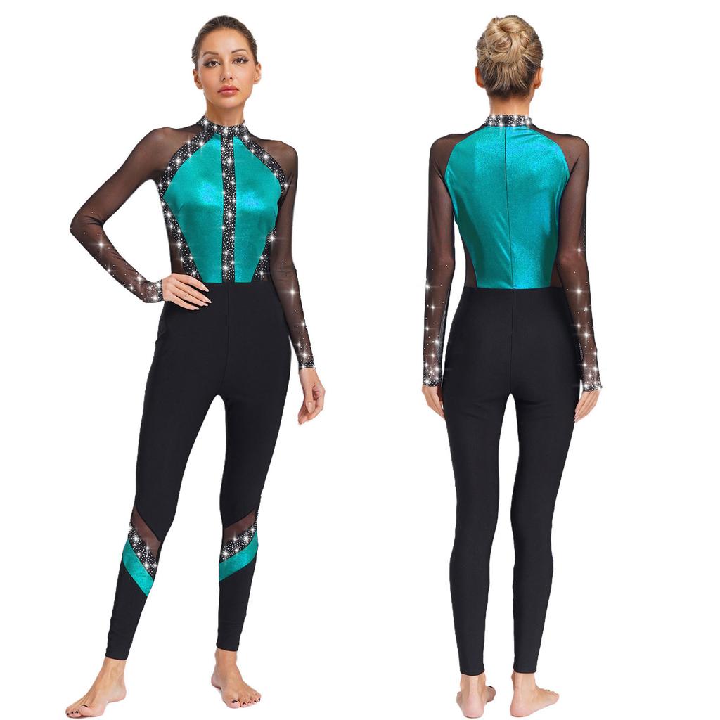 Sparkling Rhinestone Dance Leotard for Women, Full Body Long Sleeve Jumpsuit with Sheer Mesh Patchwork & Color Block Design