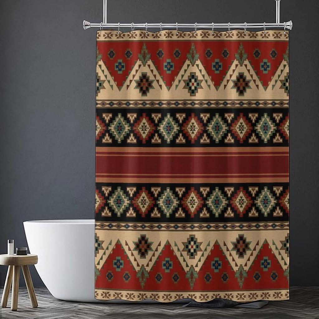 Western Aztec Shower Curtain, Boho Southwestern Native American Abstract, Tribal Navajo Waterproof Fabric Bathroom Curtain, 72x8