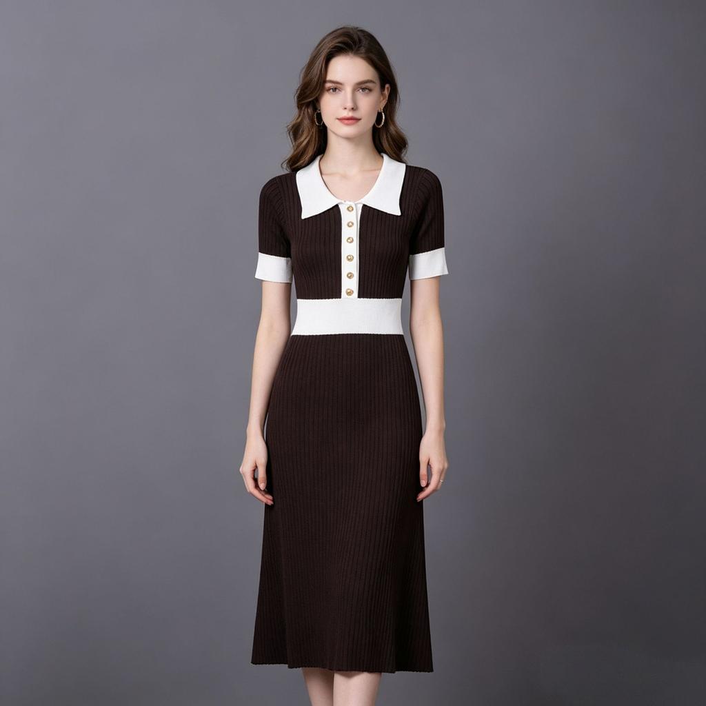 European and American Contrasting Color Lapel Short-sleeved Dress Summer Waist Slim and Thin Knitted Dress Women