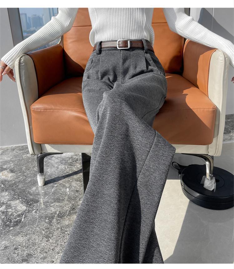 2025 Autumn/Winter High-Waisted Herringbone Wool Blend Wide-Leg Pants