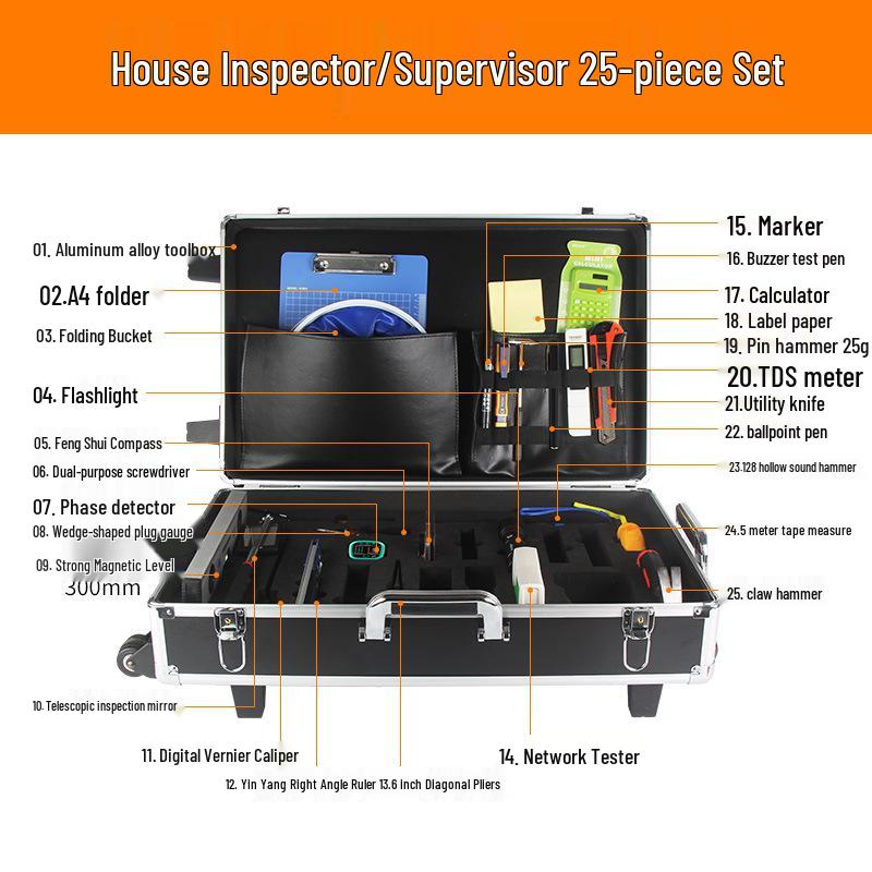 Home Inspection Toolkit: Sounding Hammer, Angle Ruler, Level, Electrical Tester, Phase Detector