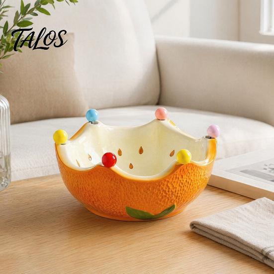 Fruit Plate with Fruit Fork, Ceramic Fruit Bowl, Orange Decorative Snack Serving Dish, for Kitchen Counter And Dining Table