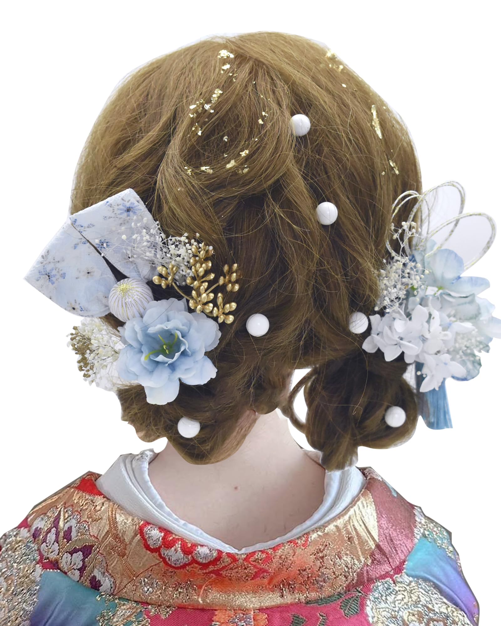 

[BRIHADOS] Artificial Flower Hair Ornament, Blue Flower, Mizuhiki Cord, Dahlia Hair Accessory, Japanese Ball, Baby s Breath, Gold Leaf, Popular, for