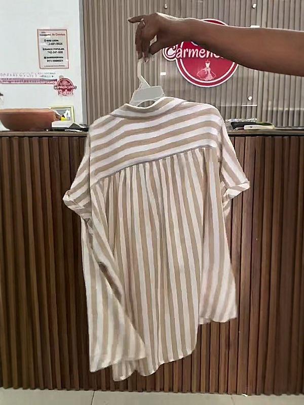 2025 Chic European & American Women's Striped Loose Lapel Short Sleeve Shirt