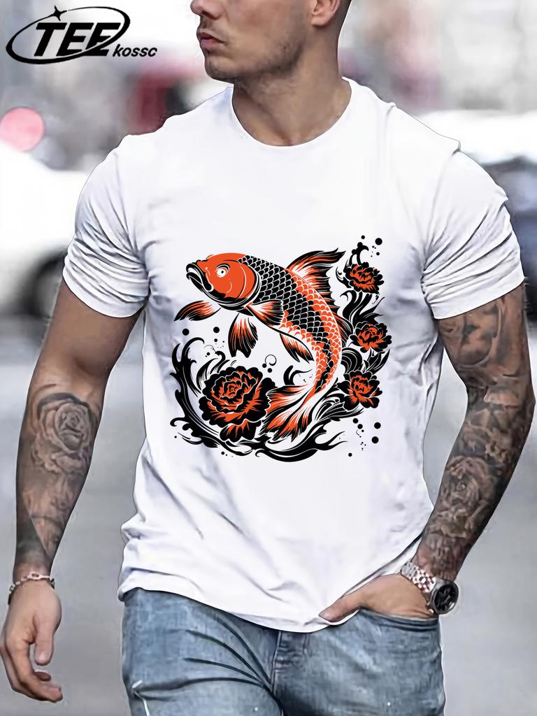 Japanese Harajuku Creative Lotus Koi Pattern TShirt Mens Summer Soft T Shirts Cotton Retro Sportswear Unisex Hip Hop Clothes