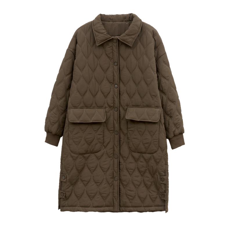 Women's Retro Argyle Cotton Mid-Length Winter Coat - Loose Casual Lapel Jacket