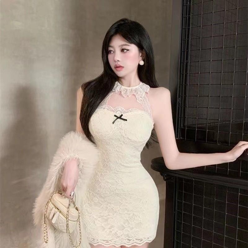Lace Trim Halter Neck Bodycon Mini Dress Women - Chic Fit Short Party In Beige Black
