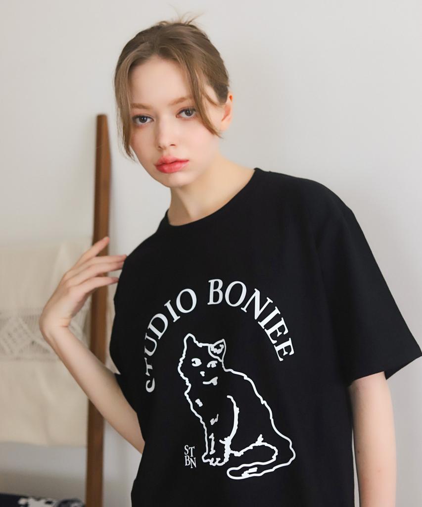 BONIEE Cat Symbol Graphic Loose T-Shirt Black