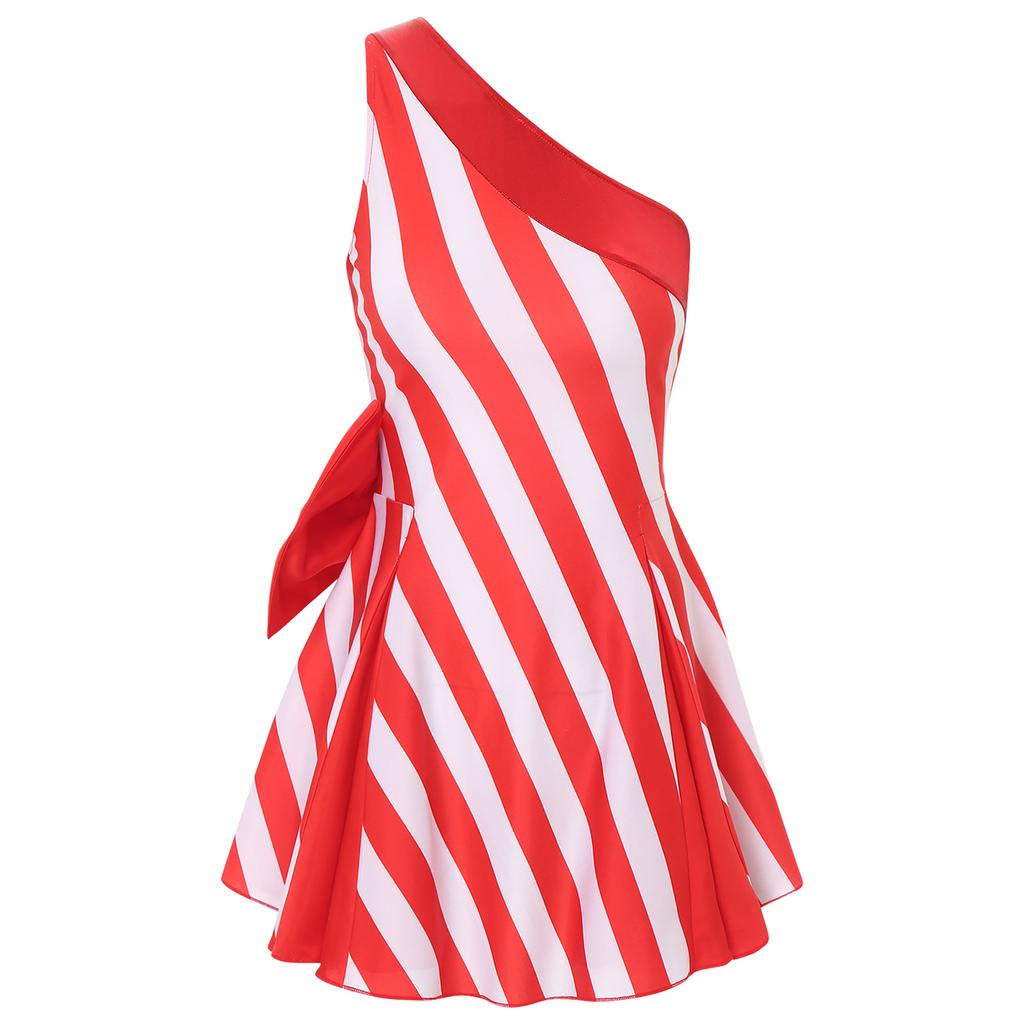 Womens Christmas Party Dress Single Shoulder Sleeveless High Waist A Line Design Bow Knot Stripes Holiday Festival Costume