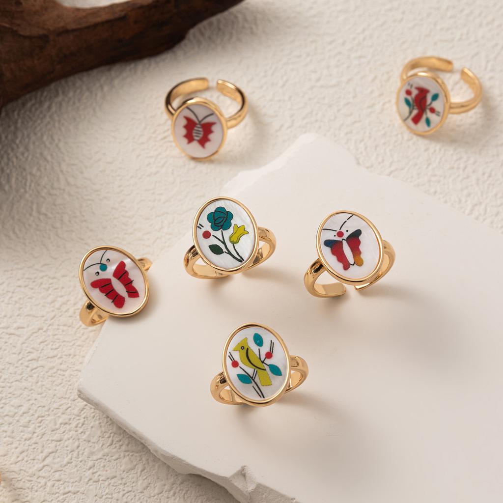 Wind Flower Bird Butterfly Cute Color Opening Ring Color Printing Opening Adjustable Ring
