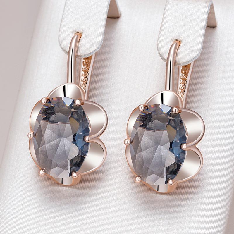 Boucles d'oreilles pendantes ovales grises pour femmes Couleur or rose Avec zircon naturel Haute qualité Bijoux fins quotidiens