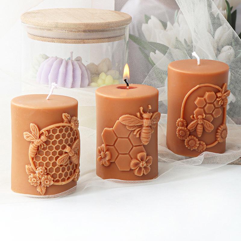 3D Relief Bee Cylindrical Candle Silicone Mold Diy Honeycomb Column Aromatherapy Candle Plaster Making Tool Handmade Gift Decor