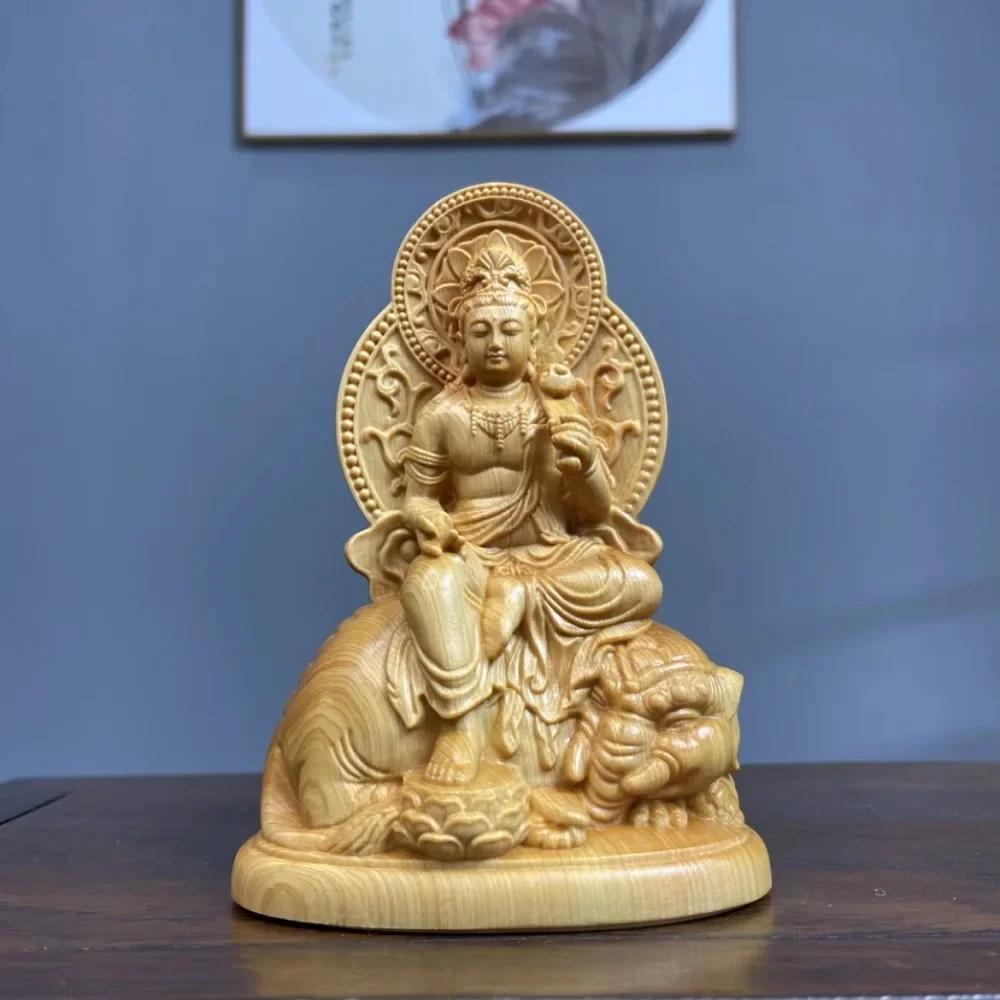 Cliff Cypress Wood Carving Manjusri Samantabhadra Bodhisattva Ornament Solid Wood Carving Crafts Home Furnishings Decoration