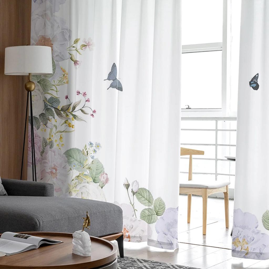 Watercolor Flower Butterfly Tulle Curtains For Living Room Sheer Curtain For Bedroom Kitchen Blinds Voile Curtains