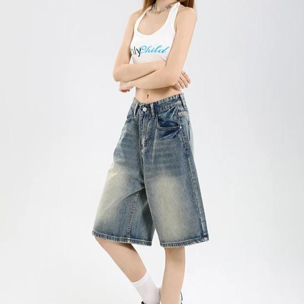Korean Street Casual Y2K Loose Wide-leg Denim Shorts Five-point Baggy Jeans Women's All-match Straight Summer Hot Shorts