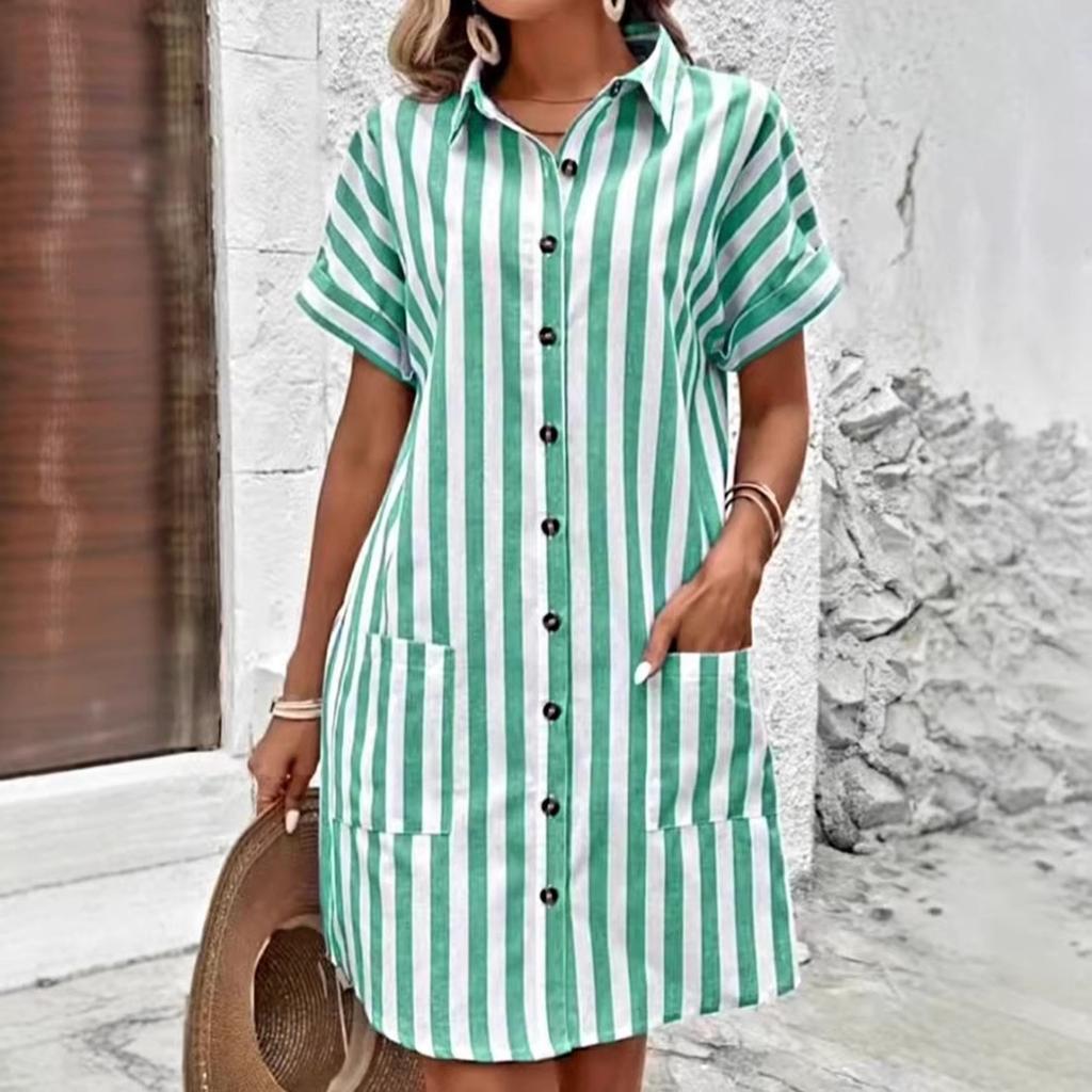 Women's Striped Shirt Dress Short Sleeve Button Front Casual Loose Fit Dress With Pockets