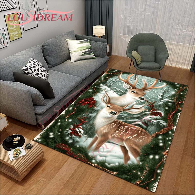 3D Cartoon Deer Rug Wildlife Mountain Landscape with Forest Carpet for Home Living Room Elk Carpet for Laundry Kids Play Carpets