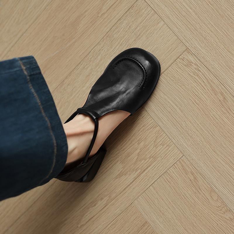 Fashion NEW Summer Women Sandals Genuine Leather Shoes for Women Round Toe Low Heel Shoes Soft Daily Shoes Cover Toe Cover Heel Sandals