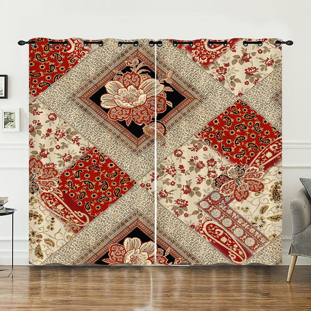 Curtains Court Pattern Retro Flower Curtain Digital Printing Blackout Curtain No Punching