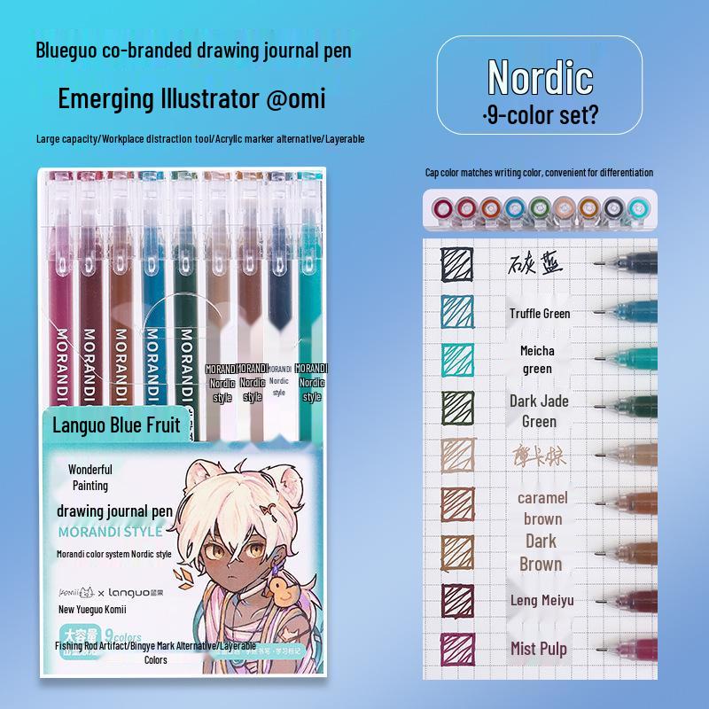 Blue Fruit Nine-Color Gel Journal Pens for Students - Doodle, Color, and Highlight with Fluorescent Markers