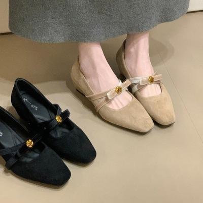 Huge Good-looking Suede Bow Mary Jane Shoes Women's Spring and Autumn New Retro One-word Single Shoes with Thick Heels and Light Mouth