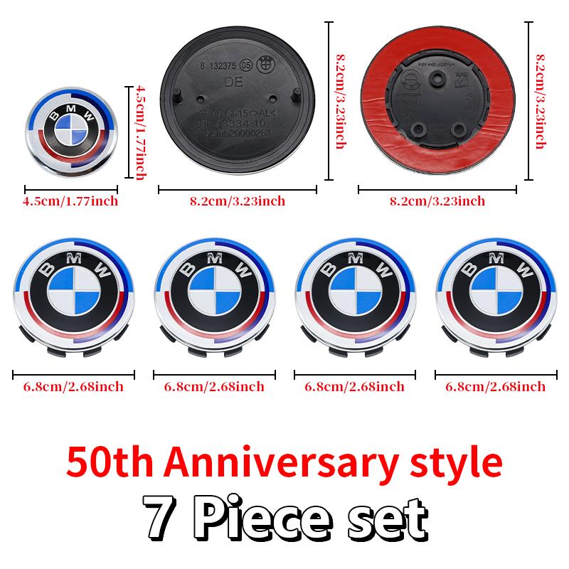 DJSA5 Hood Trunk Wheel Steering Badge 7Pcs Emblem Set For BMW E46 E90 F10 F30 G20 X5 82mm 74mm 68mm 56mm 45mm 50th Anniversary Car