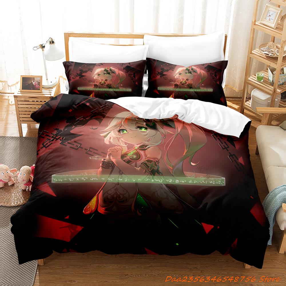 New Game Nahida Genshin Impact Bedding Collection Cartoon Anime ThreePiece Set Adult Kid Bedroom Duvetcover Collections 3D Kawaii Girls
